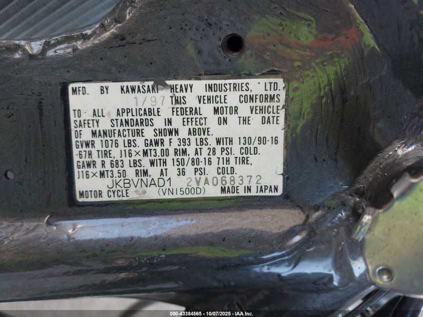 1997 Kawasaki Vn1500 D VIN: JKBVNAD12VA068372 Lot: 43384565
