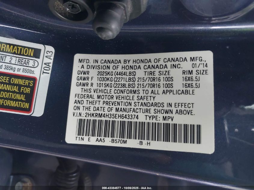 2014 Honda Cr-V Lx VIN: 2HKRM4H35EH643374 Lot: 43384577