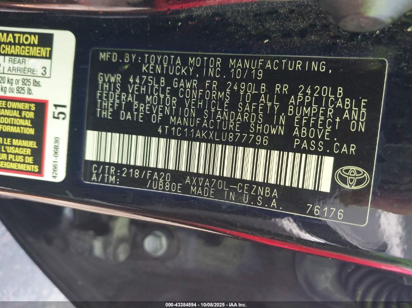2020 Toyota Camry Le VIN: 4T1C11AKXLU877796 Lot: 43384594