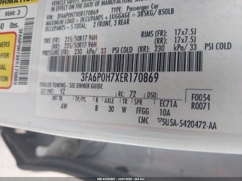 2014 Ford Fusion Se VIN: 3FA6P0H7XER170869 Lot: 43384597