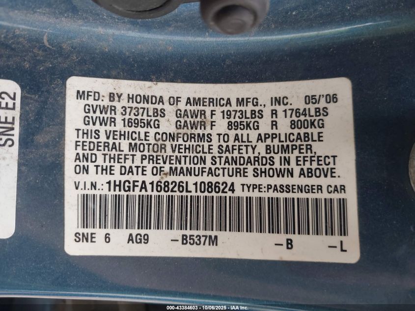 2006 Honda Civic Ex VIN: 1HGFA16826L108624 Lot: 43384603