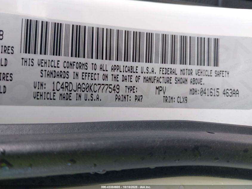 2019 Dodge Durango Sxt Awd VIN: 1C4RDJAG0KC777549 Lot: 43384605