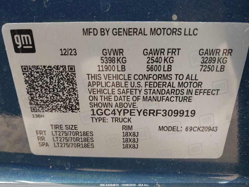 2024 Chevrolet Silverado 2500Hd 4Wd Long Bed Ltz VIN: 1GC4YPEY6RF309919 Lot: 43384610
