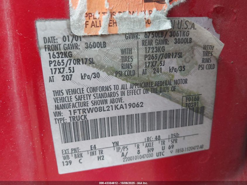 2001 Ford F-150 King Ranch Edition/Lariat/Xlt VIN: 1FTRW08L21KA19062 Lot: 43384612