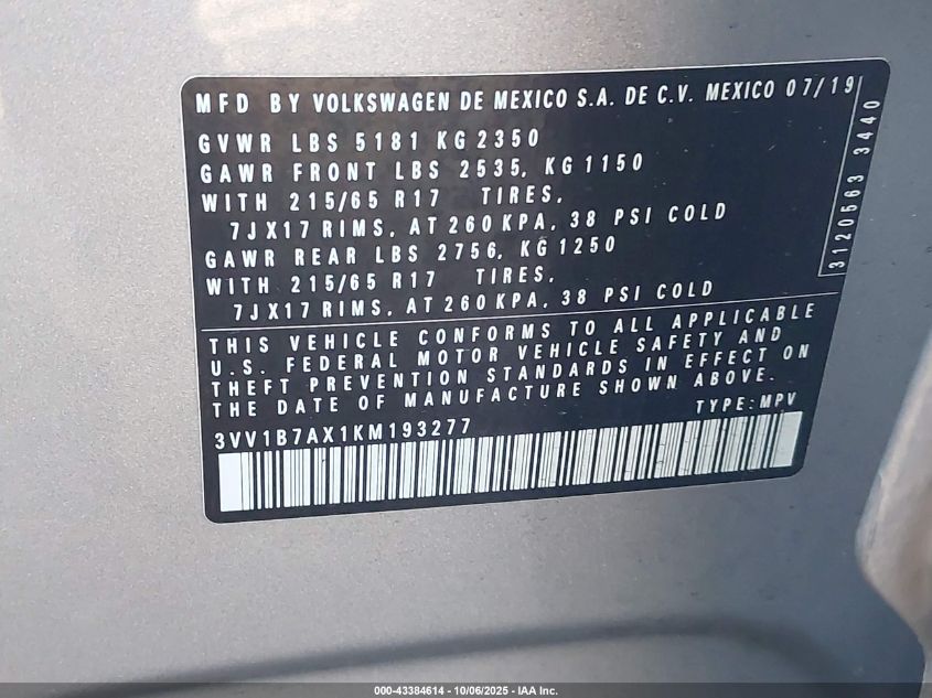 2019 Volkswagen Tiguan 2.0T S VIN: 3VV1B7AX1KM193277 Lot: 43384614