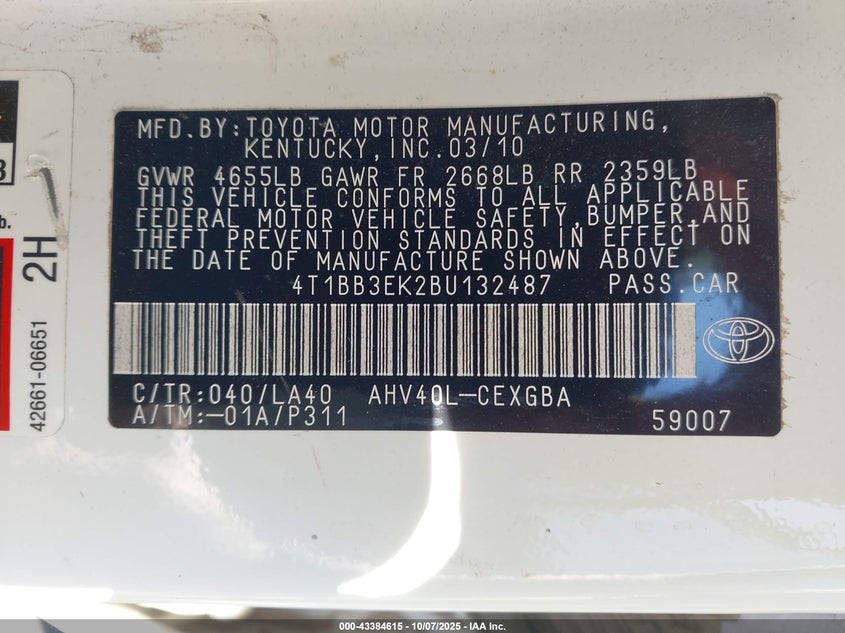 2011 Toyota Camry Hybrid VIN: 4T1BB3EK2BU132487 Lot: 43384615