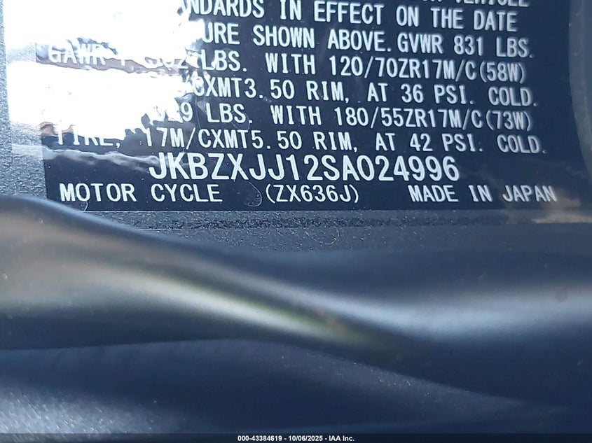2025 Kawasaki Zx636 K VIN: JKBZXJJ12SA024996 Lot: 43384619