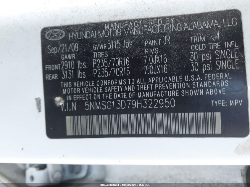 2009 Hyundai Santa Fe Gls VIN: 5NMSG13D79H322950 Lot: 43384634