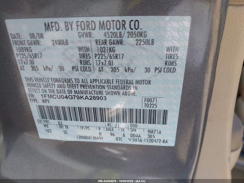 2009 Ford Escape Limited VIN: 1FMCU04G79KA28903 Lot: 43384639