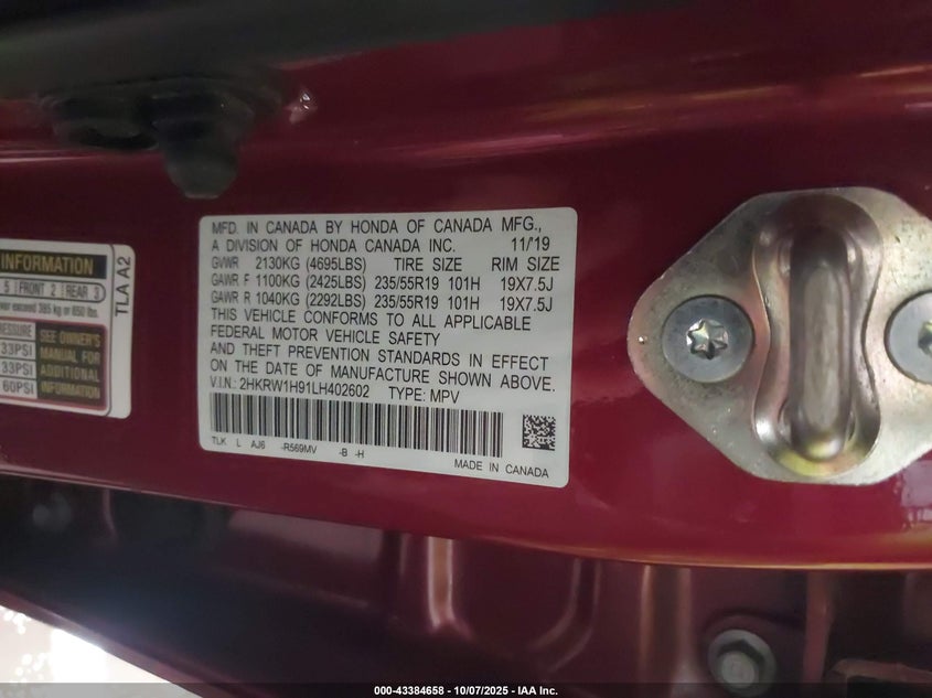 2020 Honda Cr-V 2Wd Touring VIN: 2HKRW1H91LH402602 Lot: 43384658