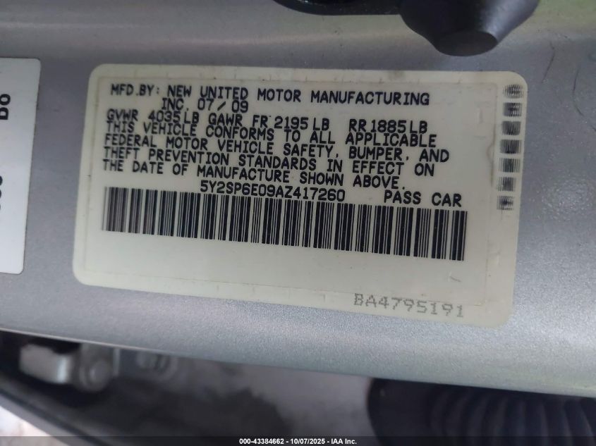 2010 Pontiac Vibe VIN: 5Y2SP6E09AZ417260 Lot: 43384662