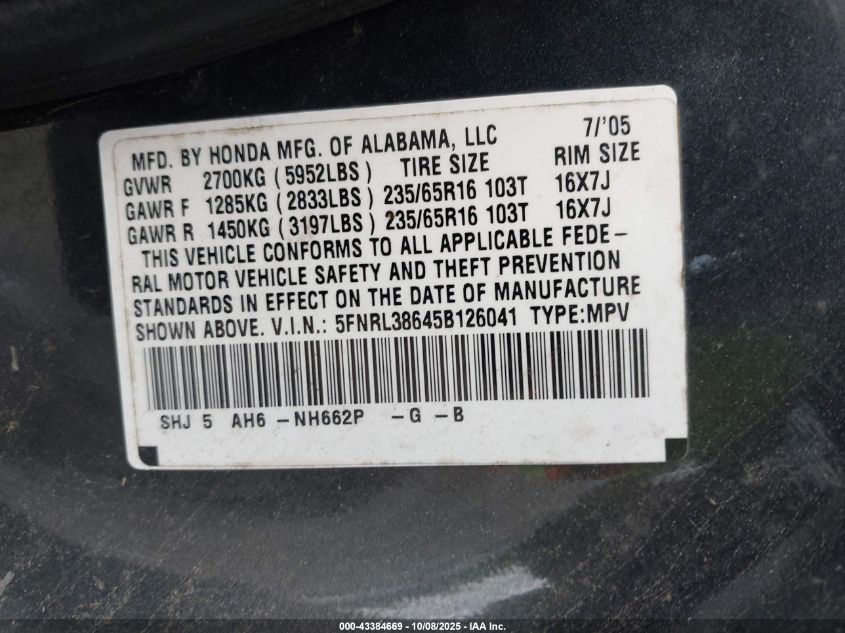 2005 Honda Odyssey Ex-L VIN: 5FNRL38645B126041 Lot: 43384669