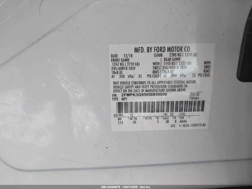 2019 Ford Edge Se VIN: 2FMPK3G95KBB59690 Lot: 43384678
