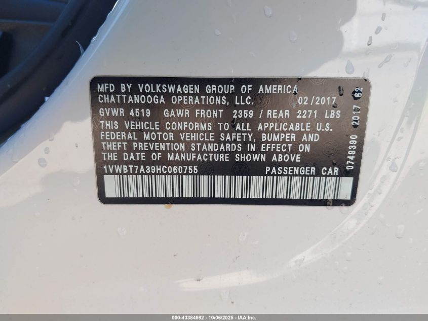 2017 Volkswagen Passat 1.8T Se VIN: 1VWBT7A39HC060755 Lot: 43384692