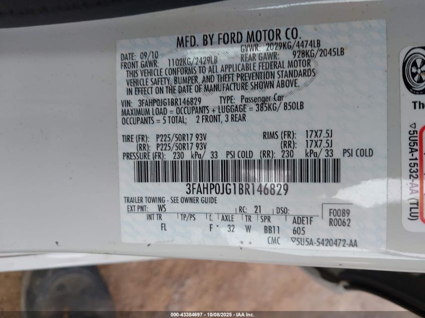 2011 Ford Fusion Sel VIN: 3FAHP0JG1BR146829 Lot: 43384697