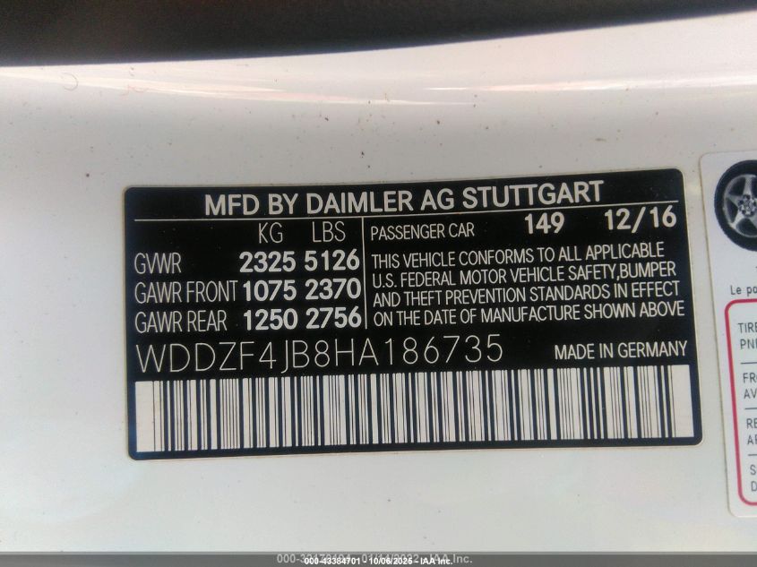 2017 Mercedes-Benz E 300 VIN: WDDZF4JB8HA186735 Lot: 43384701