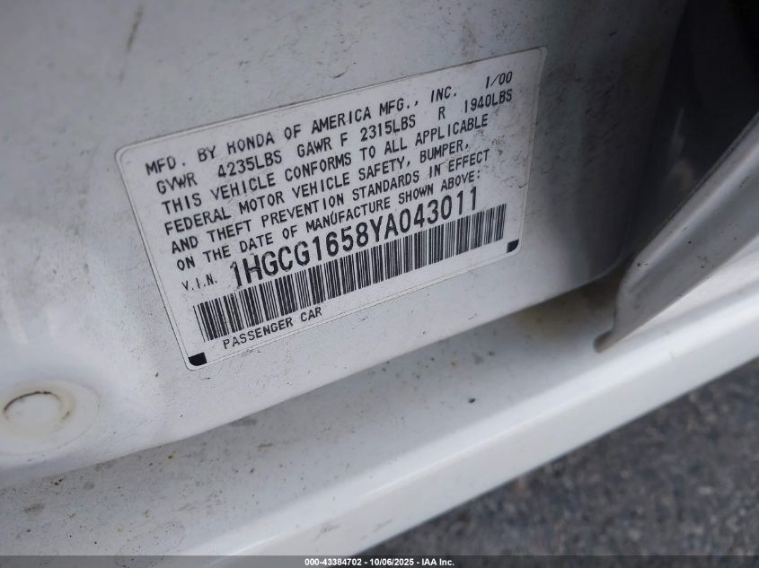 2000 Honda Accord 3.0 Ex VIN: 1HGCG1658YA043011 Lot: 43384702