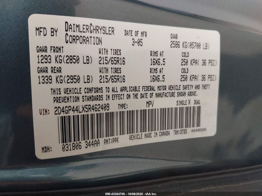 2005 Dodge Grand Caravan Sxt VIN: 2D4GP44LX5R462409 Lot: 43384708