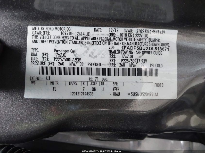 2013 Ford C-Max Hybrid Sel VIN: 1FADP5BUXDL518671 Lot: 43384717