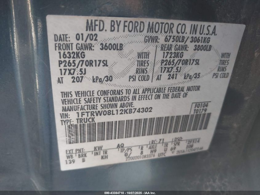 2002 Ford F-150 Lariat/Xlt VIN: 1FTRW08L12KB74302 Lot: 43384718