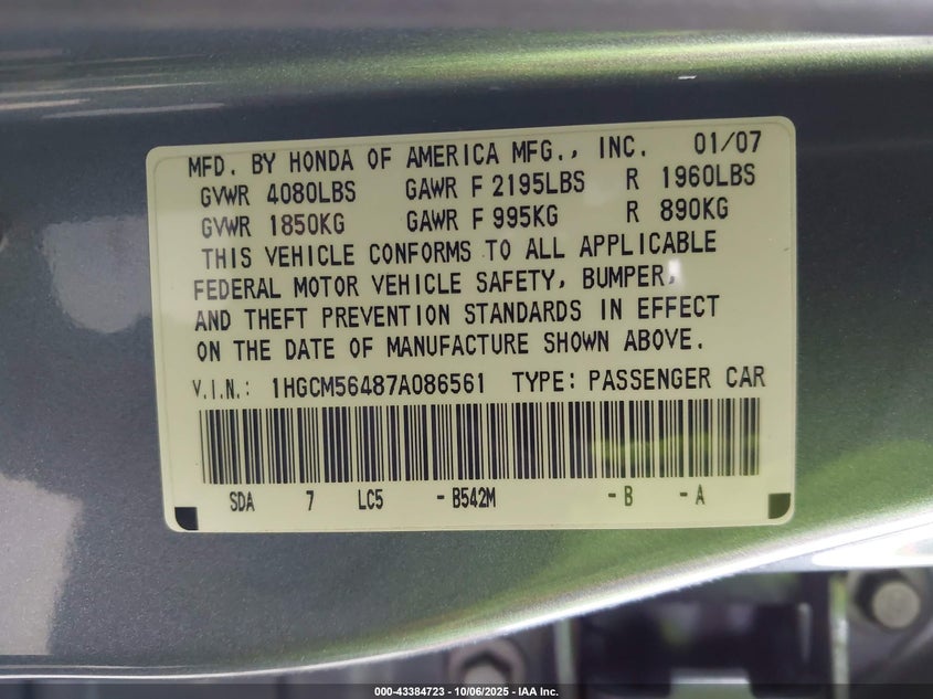 2007 Honda Accord 2.4 Lx VIN: 1HGCM56487A086561 Lot: 43384723
