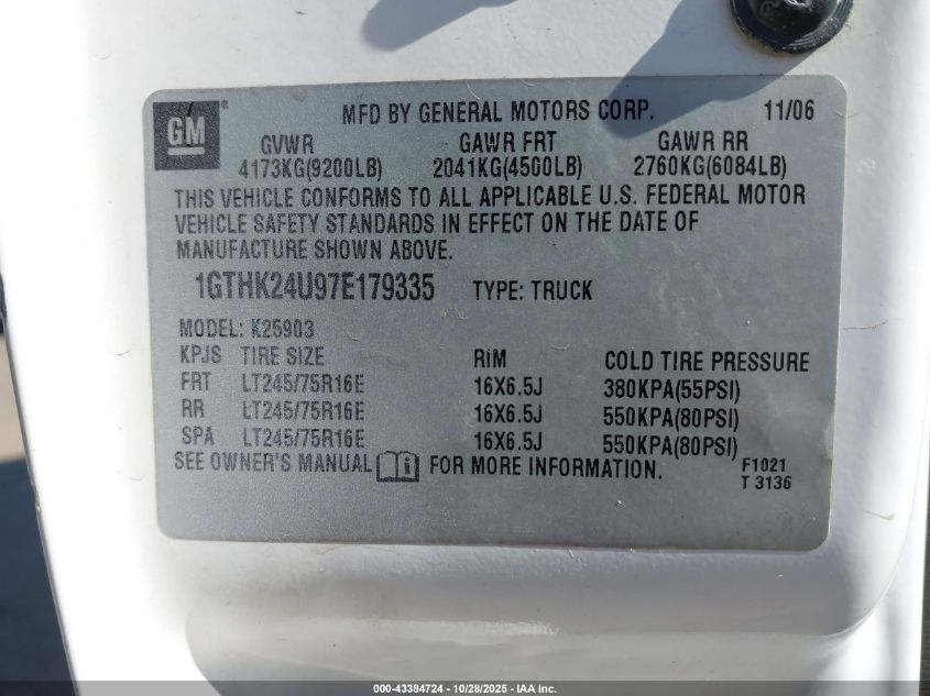 2007 GMC Sierra 2500Hd Classic Sle1 VIN: 1GTHK24U97E179335 Lot: 43384724