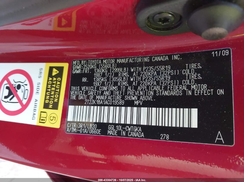 2010 Lexus Rx 350 VIN: 2T2ZK1BA1AC019589 Lot: 43384726