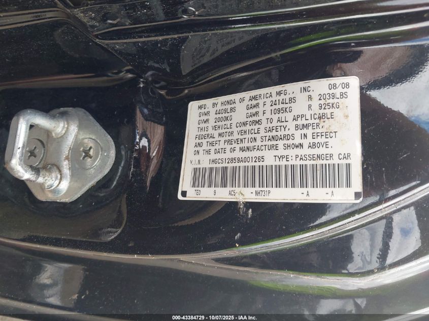 2009 Honda Accord 2.4 Ex-L VIN: 1HGCS12859A001265 Lot: 43384729