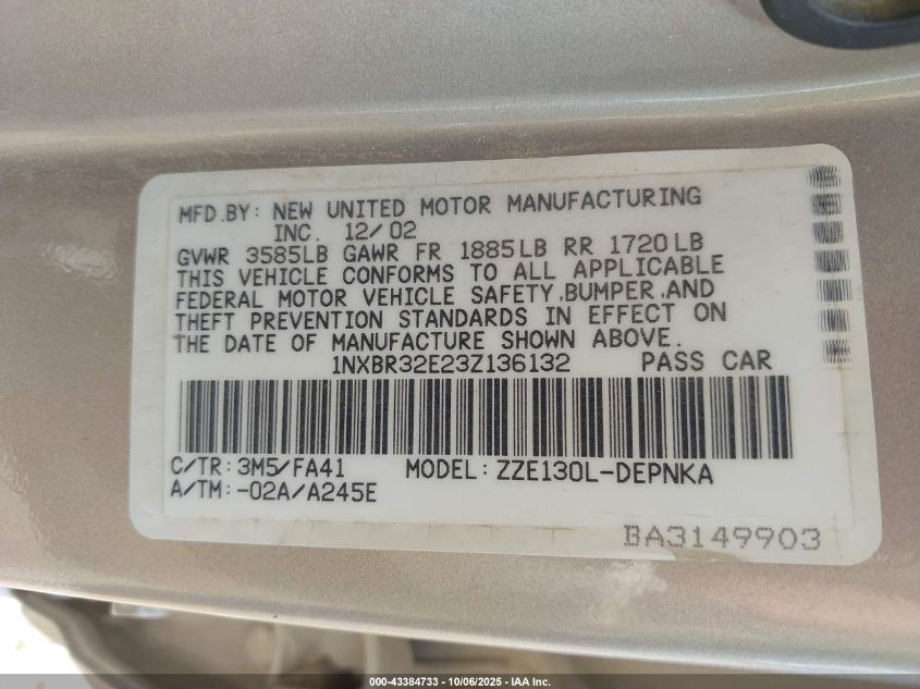 2003 Toyota Corolla Le VIN: 1NXBR32E23Z136132 Lot: 43384733