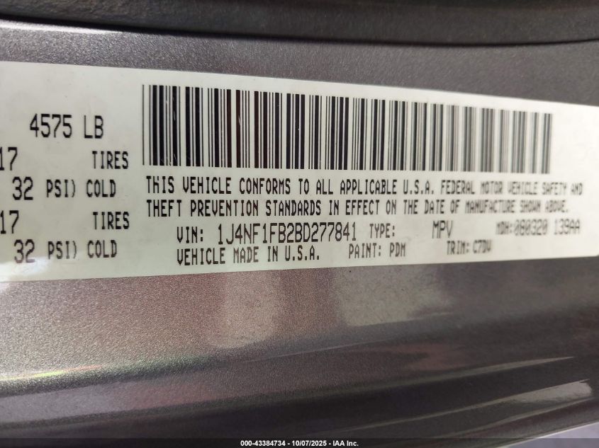 2011 Jeep Compass VIN: 1J4NF1FB2BD277841 Lot: 43384734