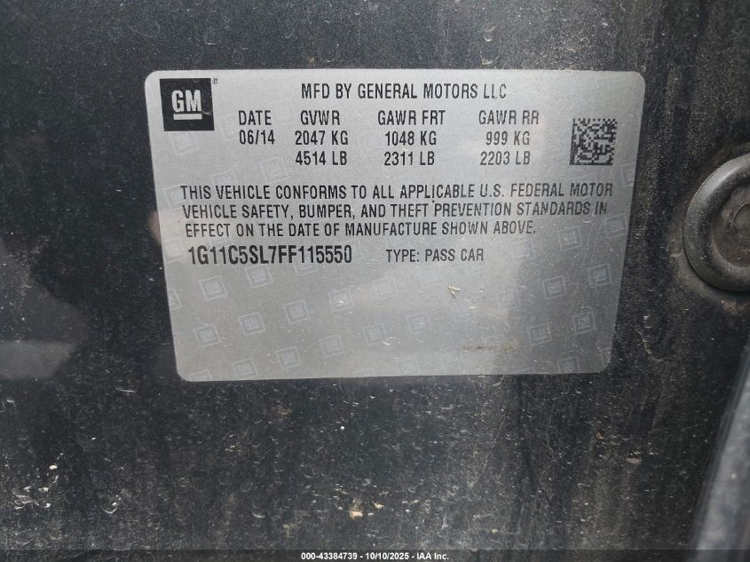 2015 Chevrolet Malibu 1Lt VIN: 1G11C5SL7FF115550 Lot: 43384739