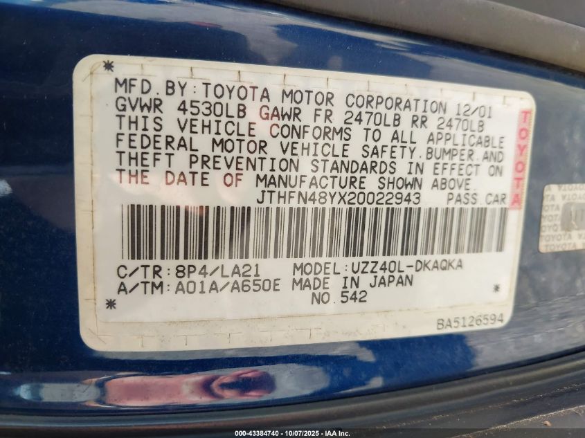 2002 Lexus Sc 430 VIN: JTHFN48YX20022943 Lot: 43384740