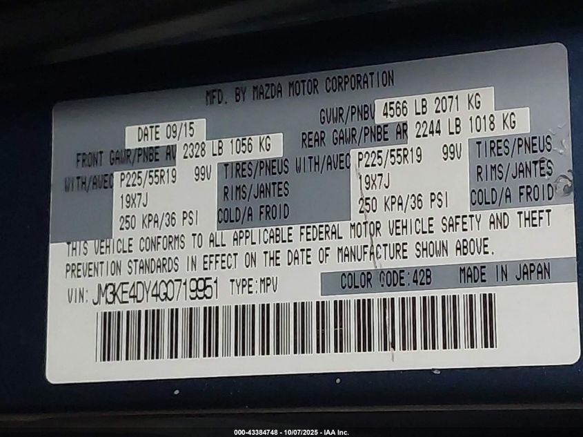 2016 Mazda Cx-5 Grand Touring VIN: JM3KE4DY4G0719951 Lot: 43384748