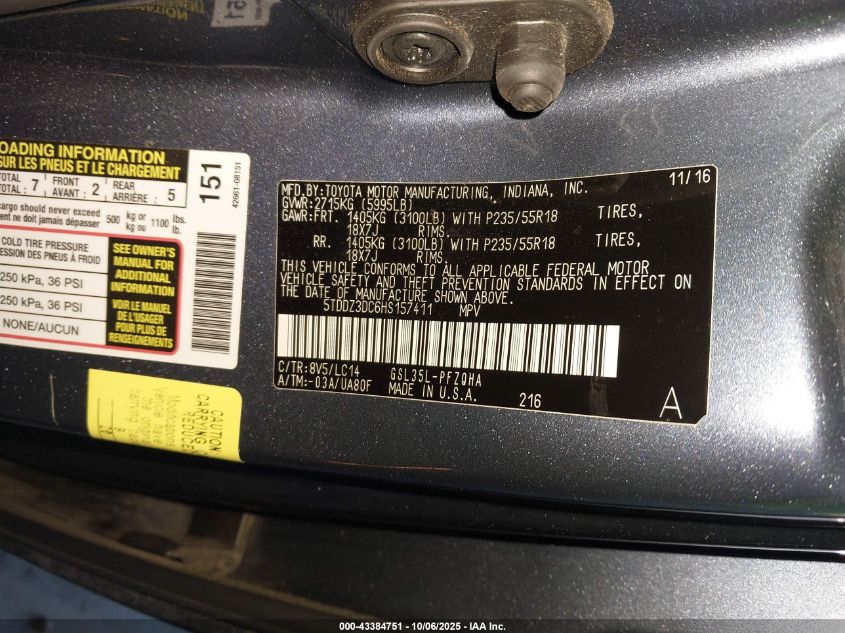 2017 Toyota Sienna Xle 7 Passenger VIN: 5TDDZ3DC6HS157411 Lot: 43384751