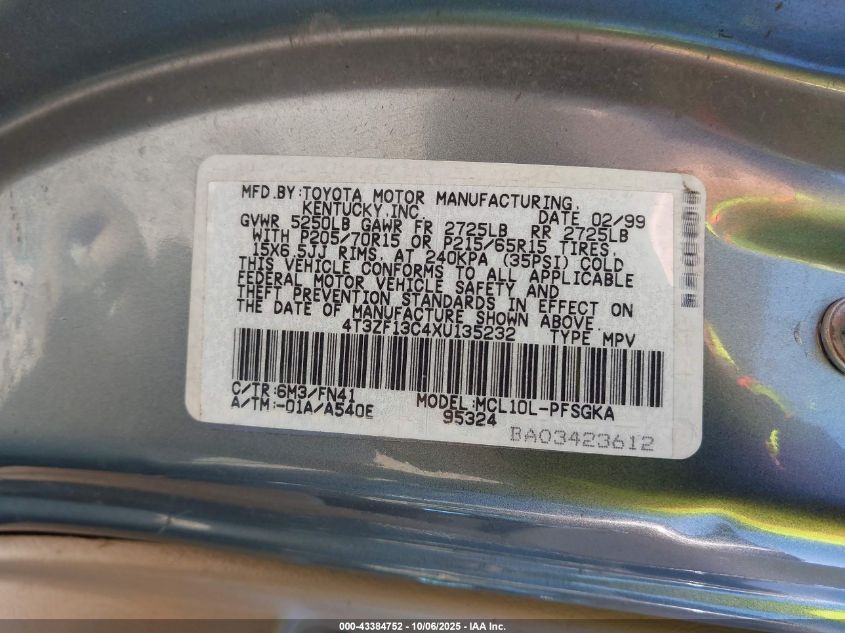 1999 Toyota Sienna Le VIN: 4T3ZF13C4XU135232 Lot: 43384752