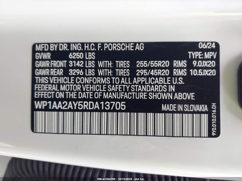 2024 Porsche Cayenne VIN: WP1AA2AY5RDA13705 Lot: 43384759