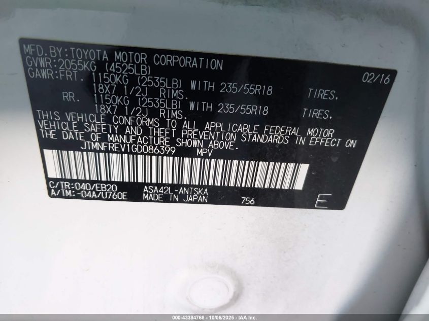 2016 Toyota Rav4 Se VIN: JTMNFREV1GD086399 Lot: 43384768