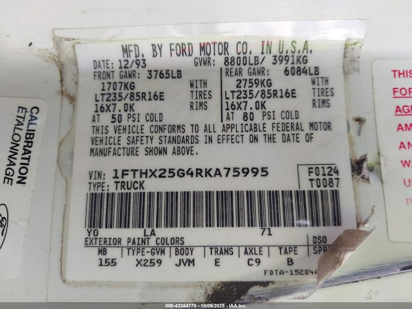 1994 Ford F250 VIN: 1FTHX25G4RKA75995 Lot: 43384770