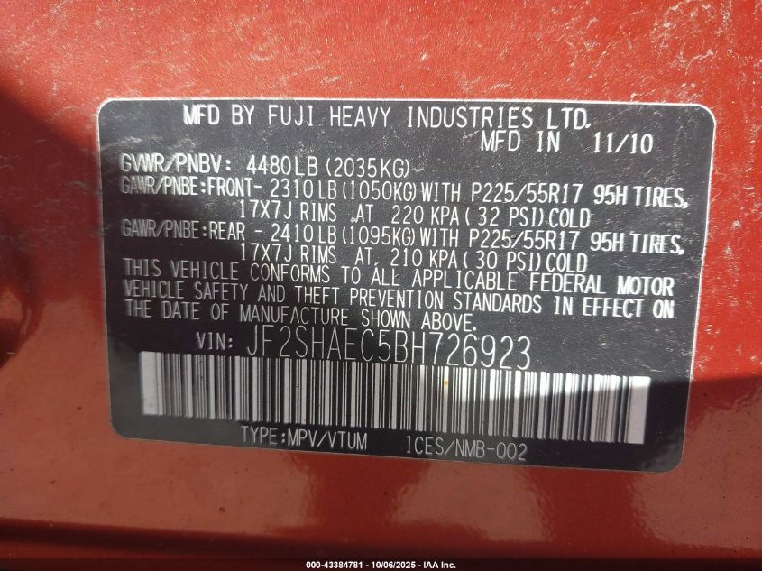 2011 Subaru Forester 2.5X Limited VIN: JF2SHAEC5BH726923 Lot: 43384781