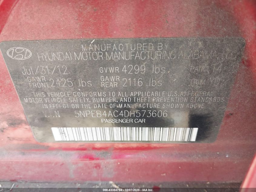 2013 Hyundai Sonata Gls VIN: 5NPEB4AC4DH573606 Lot: 43384784