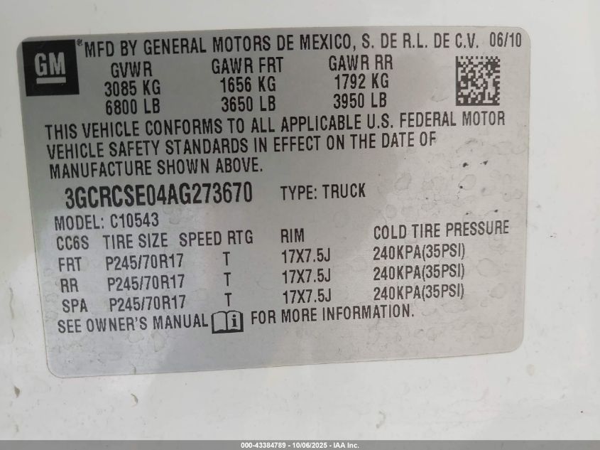 2010 Chevrolet Silverado 1500 Lt VIN: 3GCRCSE04AG273670 Lot: 43384789