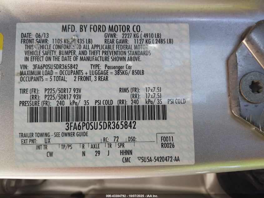 2013 Ford Fusion Energi Titanium VIN: 3FA6P0SU5DR365842 Lot: 43384792