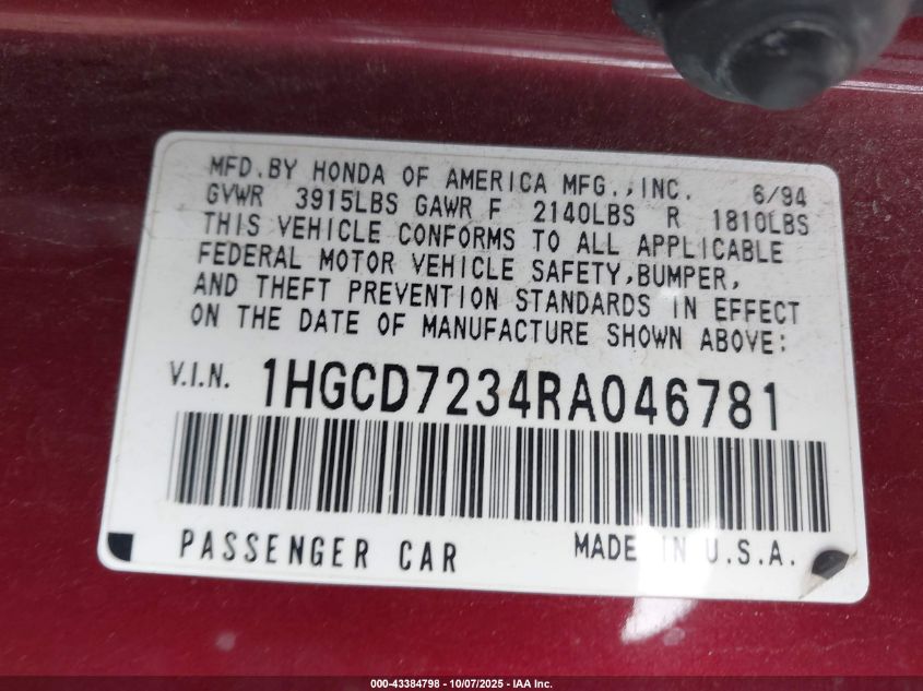 1994 Honda Accord Lx VIN: 1HGCD7234RA046781 Lot: 43384798
