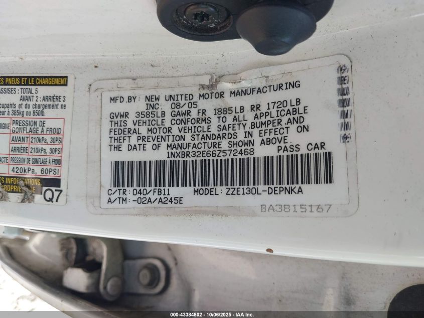 2006 Toyota Corolla Le VIN: 1NXBR32E66Z572468 Lot: 43384802