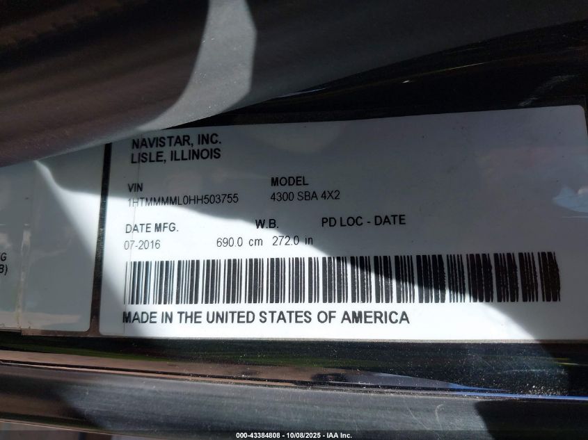 2017 International Durastar 4300 VIN: 1HTMMMML0HH503755 Lot: 43384808