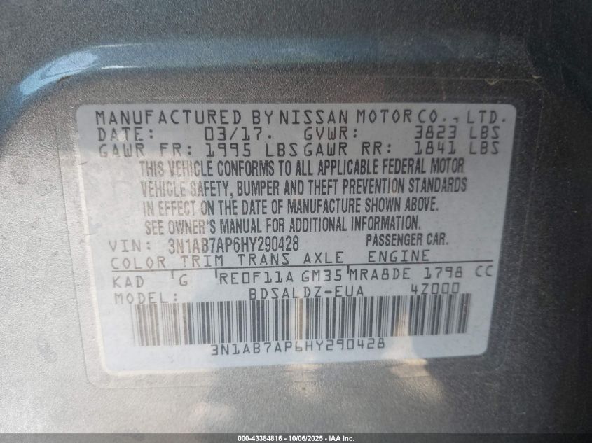 2017 Nissan Sentra Sv VIN: 3N1AB7AP6HY290428 Lot: 43384816