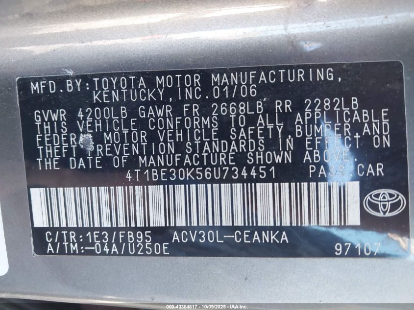2006 Toyota Camry Le VIN: 4T1BE30K56U734451 Lot: 43384817