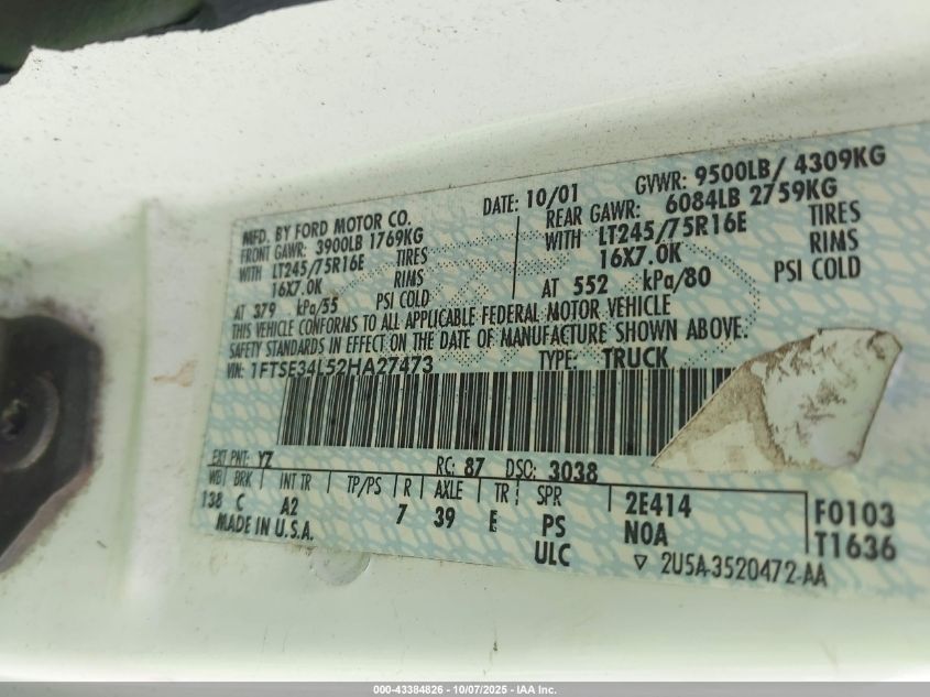 2002 Ford E-350 Super Duty Commercial/Recreational VIN: 1FTSE34L52HA27473 Lot: 43384826