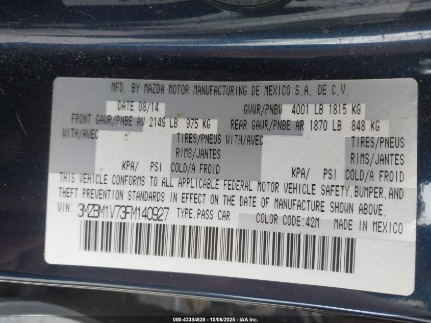 2015 Mazda Mazda3 I Touring VIN: 3MZBM1V73FM140927 Lot: 43384828