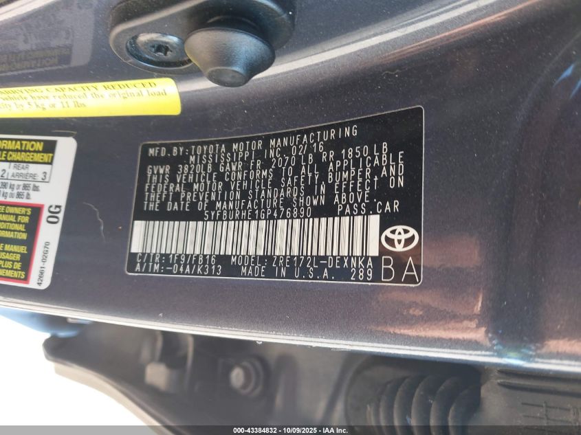 2016 Toyota Corolla Le VIN: 5YFBURHE1GP476890 Lot: 43384832